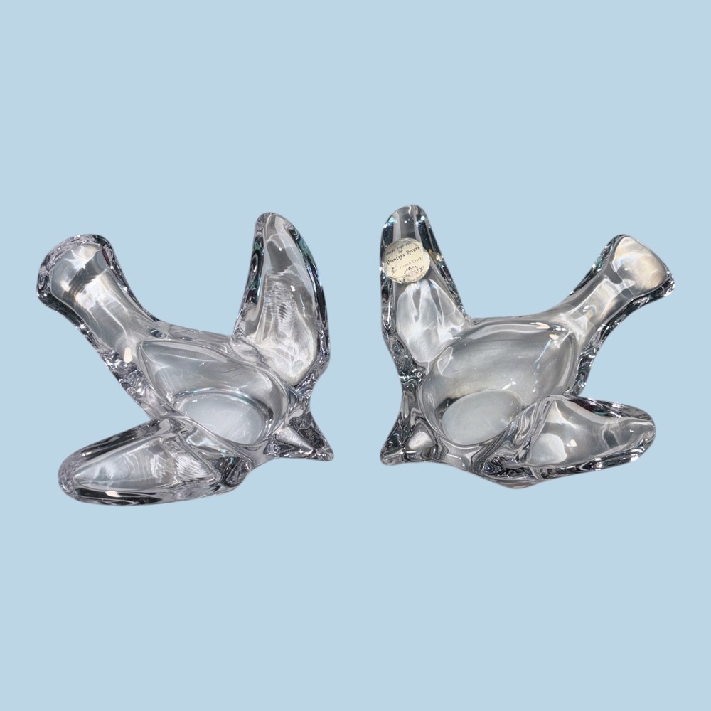 Vintage Princess House Fine French Crystal Bird Figurines Pair Clear Glass Dish